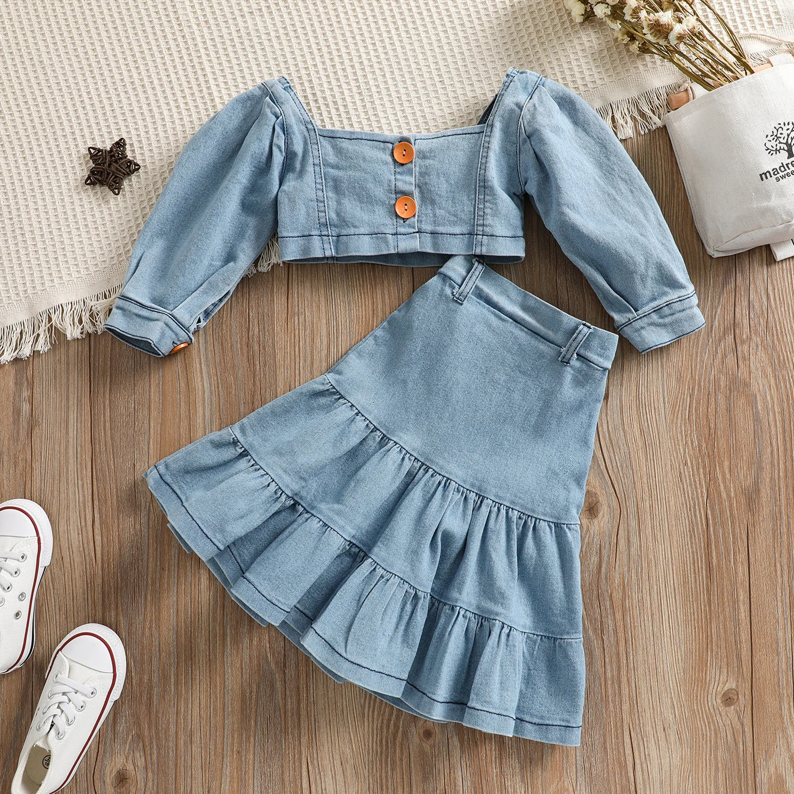 

Модный Джинсовый комплект из 2 предметов для маленьких девочек, одежда для маленьких девочек, комплекты весенне-летних детских платьев