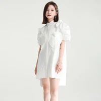 2022 summer korean womens fashion design pleated love puff sleeve dresses stand collar short sleeve loose irregular shirt dress