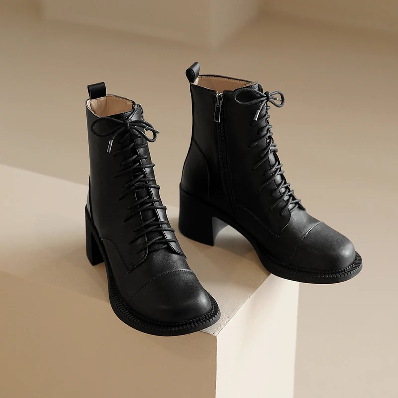 

Genuine Leather Thick Heels Women Ankle Boots Autumn Winter Lace-Up Shoes Woman Fashion Cool Outdoor Leisure Office Lady