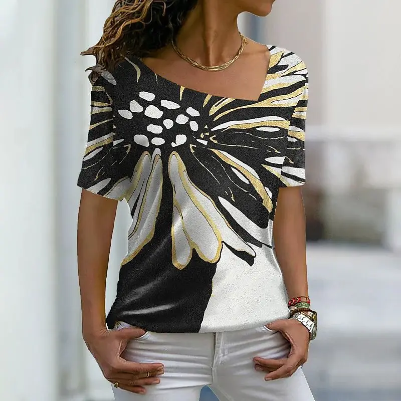 

Женская футболка с V-образным вырезом, летняя футболка, новинка, футболки с цветочным принтом и принтом, простая женская футболка в стиле рет...