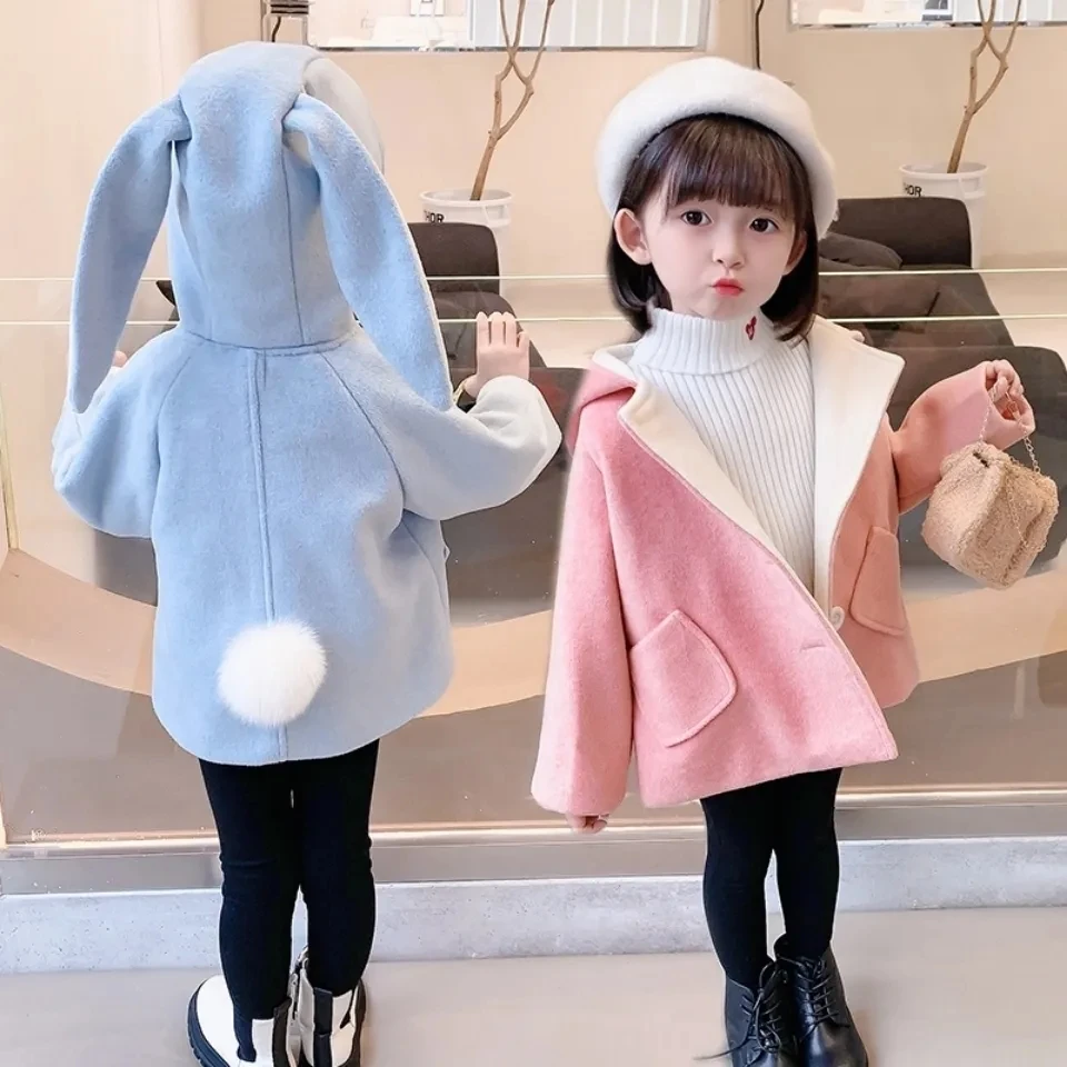 

Флисовая Куртка с капюшоном для маленьких девочек, детское шерстяное пальто с кроличьими ушками для девочек, осенняя теплая верхняя одежда ...