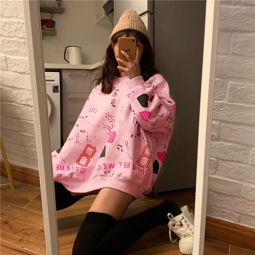 

Fashion Women Top O-Neck Cartoon Printing Sweatshirt Casual Loose Blouse