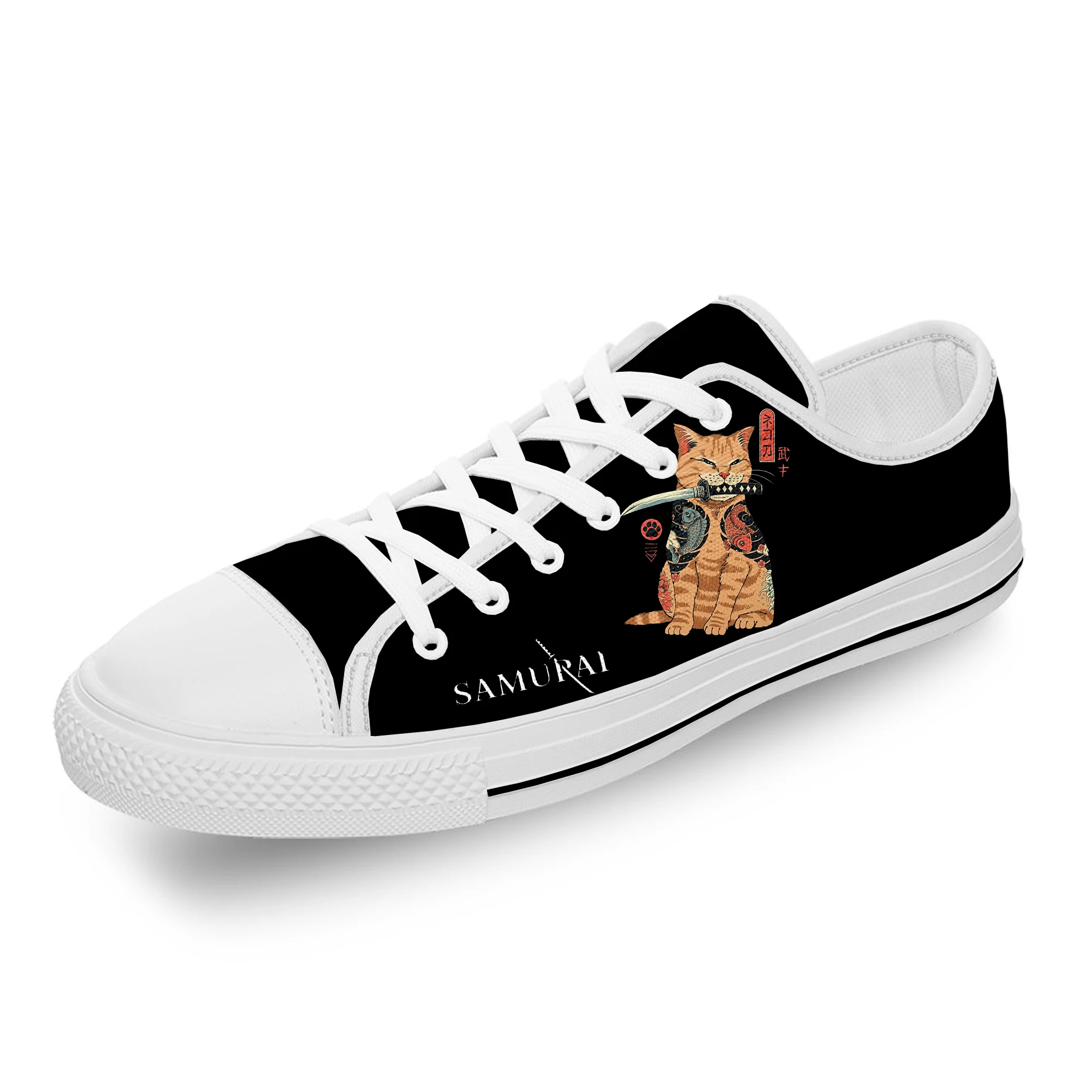 

Samurai Cat Japanese Harajuku White Cloth Fashion 3D Print Low Top Canvas Shoes Men Women Lightweight Breathable Sneakers