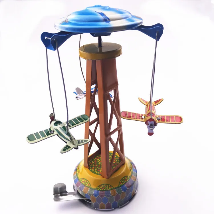 

[Funny] Adult Collection Retro Wind up toy Metal Tin Amusement park Rotating plane Mechanical Clockwork toy figures kids gift