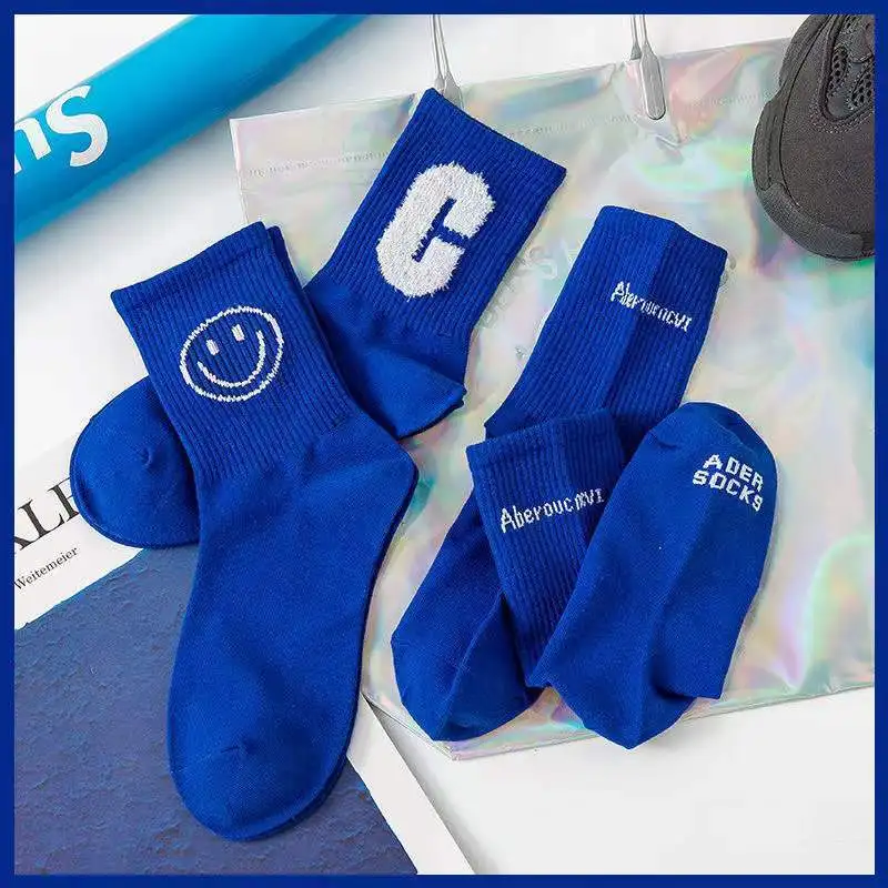 Fashion New Ins Style Girl Socks Set 10 Pairs Funny Cartoon Smile Letter Heart Blue Middle Tube Women's Sports Socks
