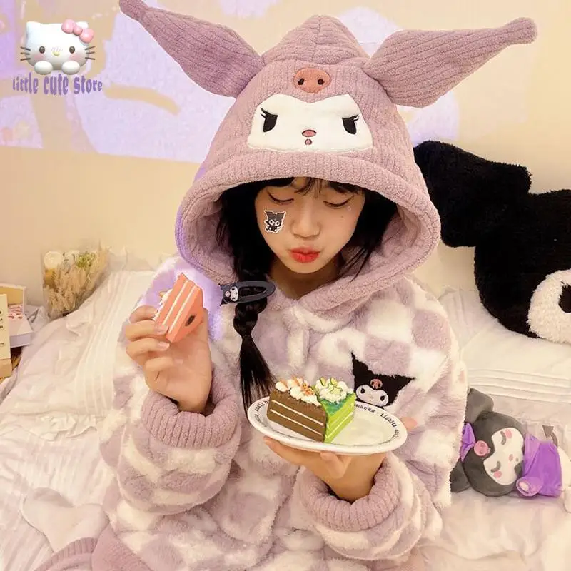 

Sanrio Kuromi Mymelody Cinnamoroll Мультяшные пижамы хлопковые коралловые бархатные пижамы Женская зимняя утолщенная плюшевая теплая домашняя одежда
