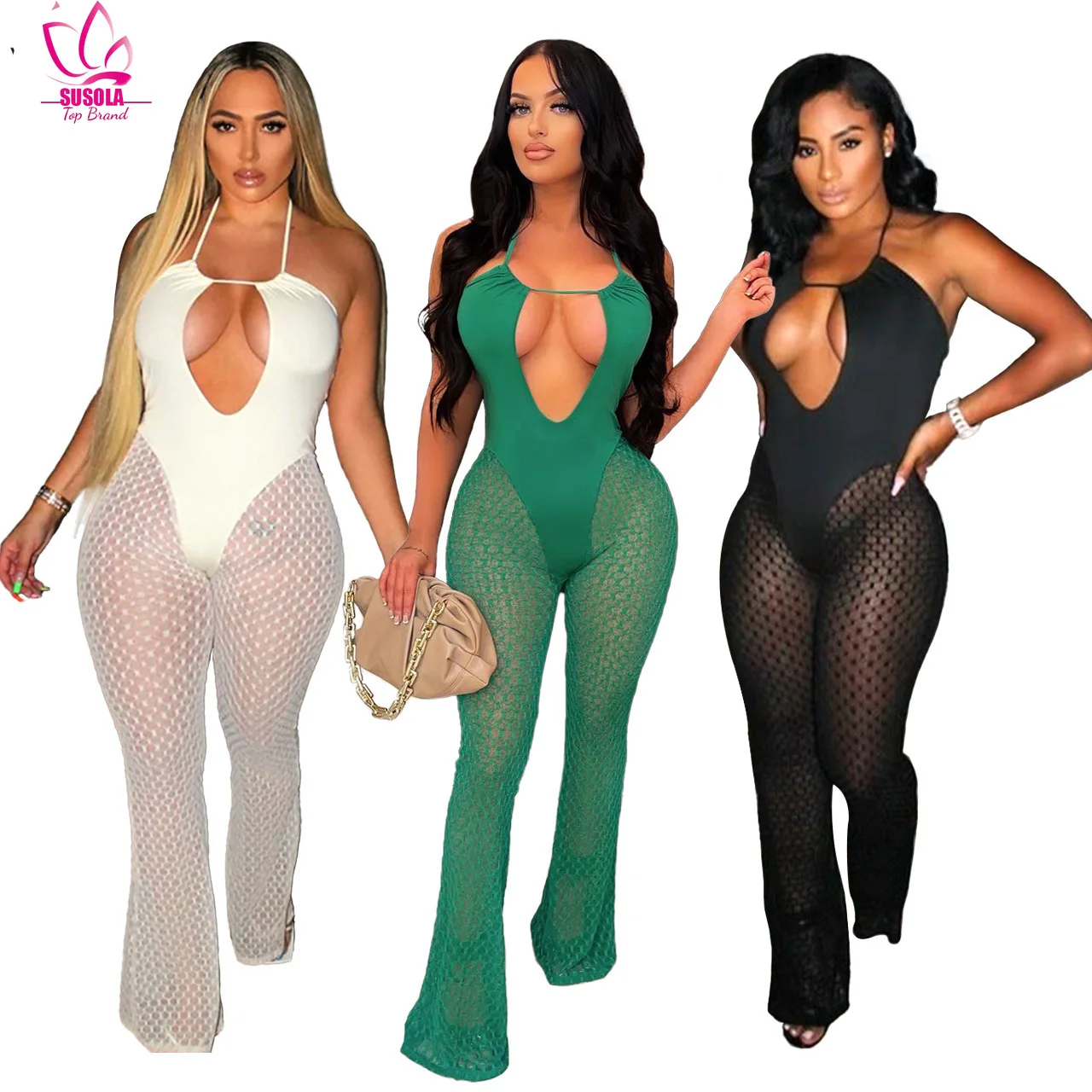 

SUSOLA 2022 Summer Nightclub Halterneck See Through Mesh Jumpsuit Woman Sexy Strappy Hollow Stitching Flared Trouser Romper