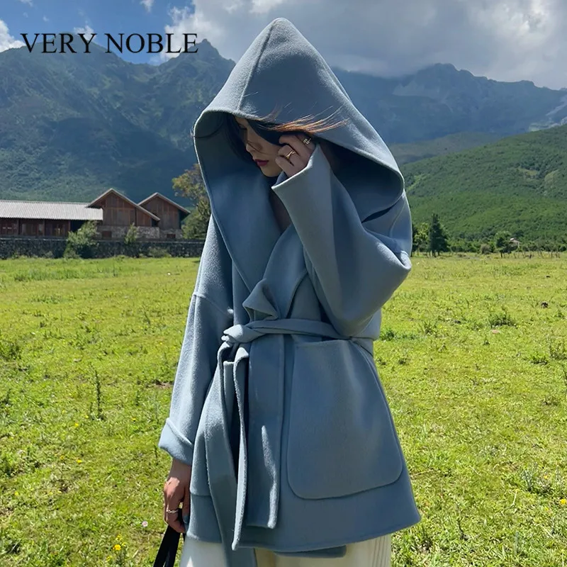 

Autumn and Winter Women's Gentle Wool and Cashmere Coat Light and Familiar Temperament Hooded Australian Wool Solid Color Woolen