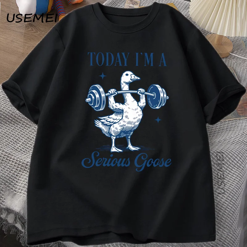 Фото Футболка для тяжелой атлетики «Serious Goose», забавная футболка с принтом для тренировок в тренажерном зале, футболка для любителей животных, хлопковые футболки с короткими рукавами в стиле Харадзюку №2