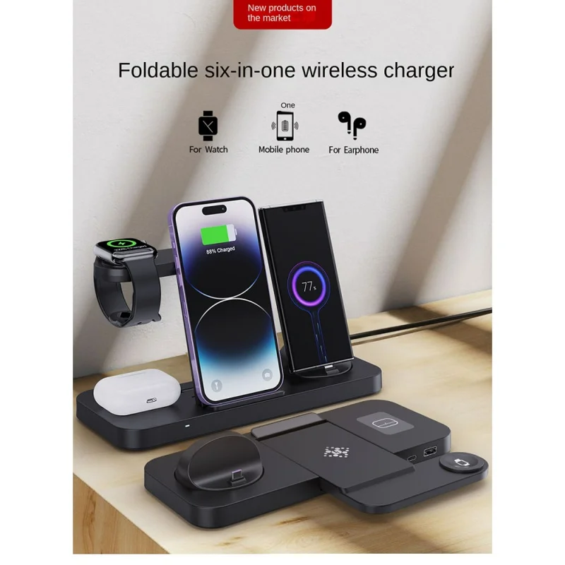 

2023 Hot15W 6-in-1 Magnetic Wireless Charging Stand For IPhone Samsung Huawei Mobile Phone Foldable Rotate Fast Charging Station