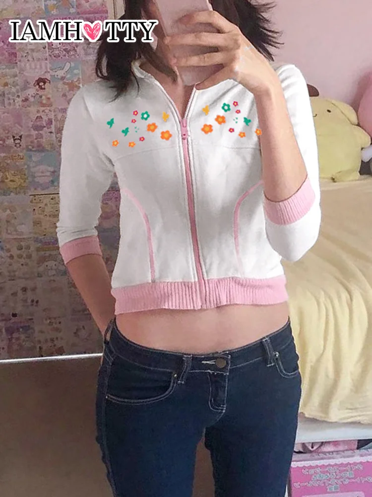 

IAMHOTTY Kawaii Hoodie Pink Patchwork Zipper Floral Print Hooded Sweatshirt Sweet Zipper Jacket White Y2K Cardigan Women Outfit
