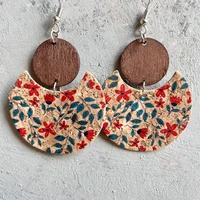 round wood disc exotic flower print cork crescent moon earrings 2022 bohemi feature dangle earrings rustic jewelry vacation gift