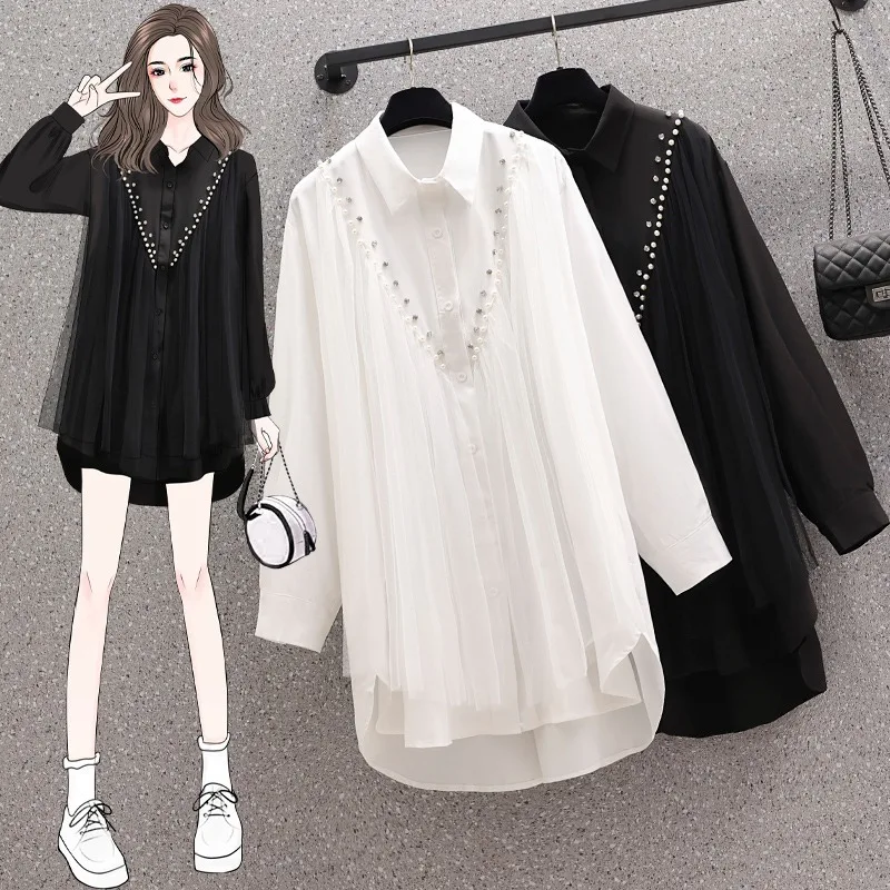 

Sping Autumn High-end Mesh Gauze Studded Beads POLO Collar Dress Female Cold Wind White Temperament Shirt Top Women Blouse