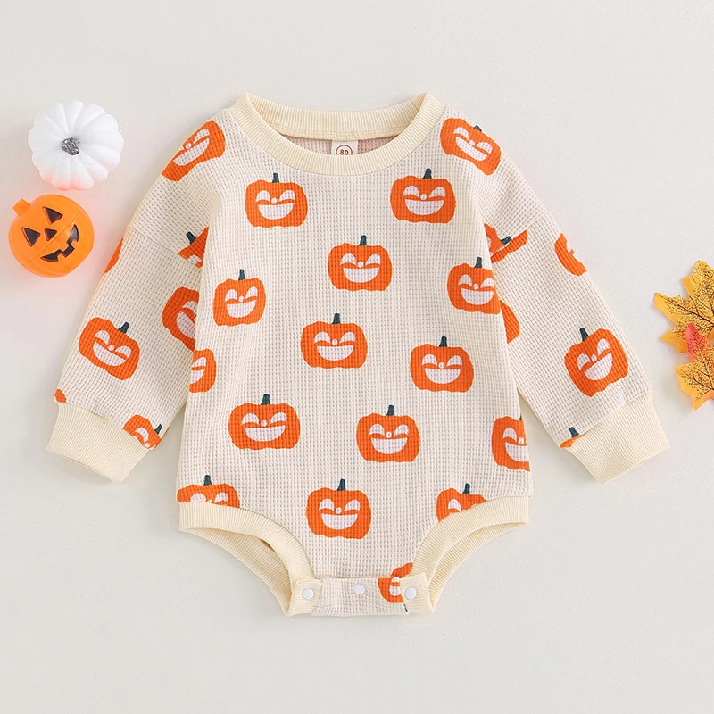 

Listenwind Halloween 0-2Y Baby Girls Casual Crewneck Romper Beige Long Sleeve Pumpkin Print Clothes