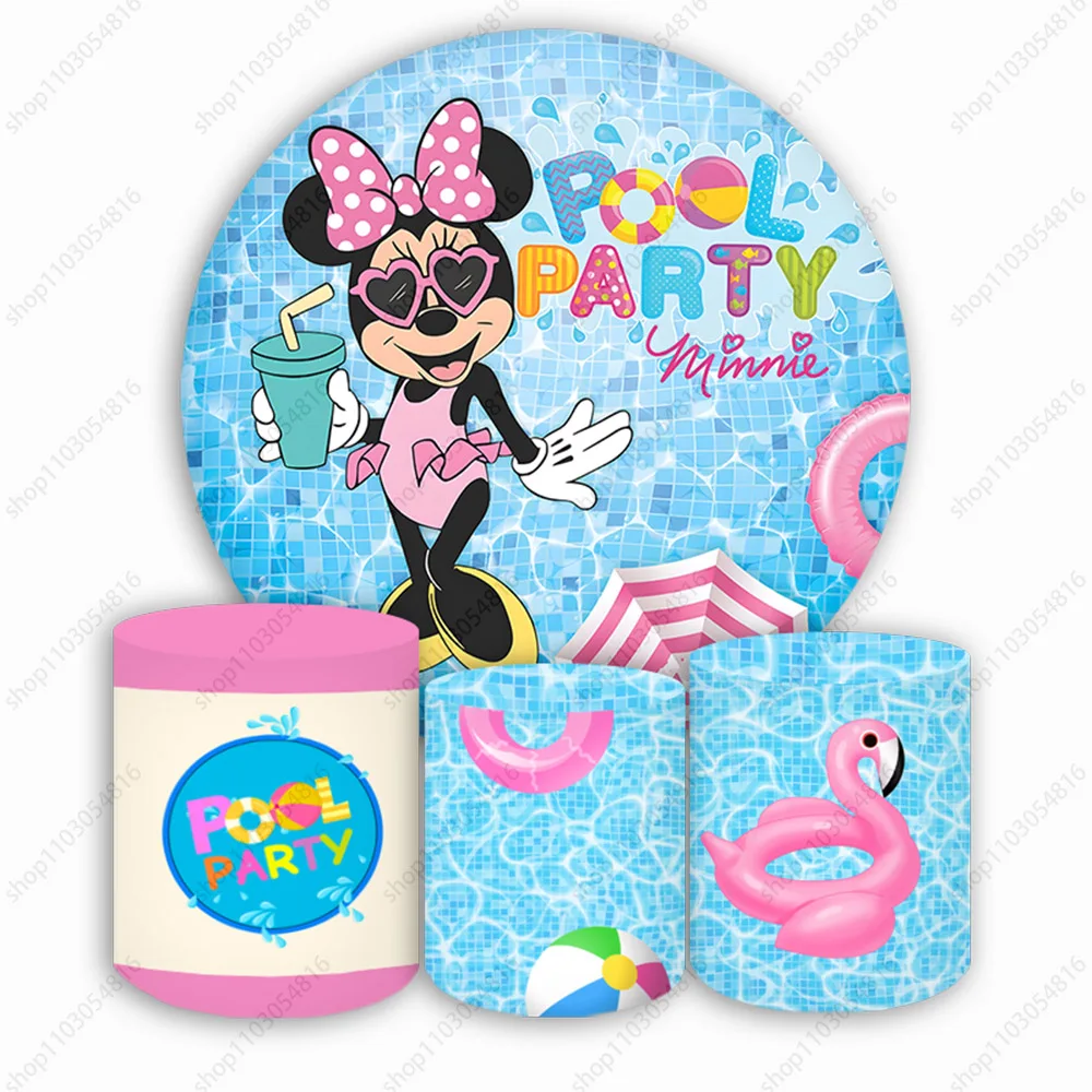 Disney Minnie Mouse Round Photography Pool Theme Backdrop For Girls Birthday Party Circle Photo Background Booth Plinth Covers