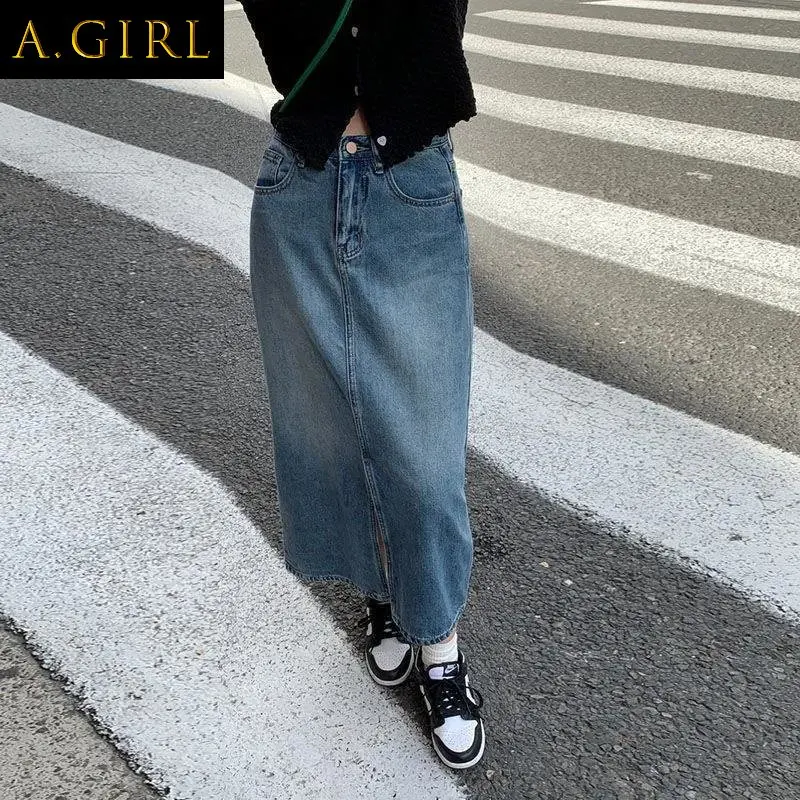 

A GIRLS Skirts Women Denim Front-slit Casual High Street A-line Empire Korean Style Retro Basic Mid-calf Mujer Aesthetic Elegant