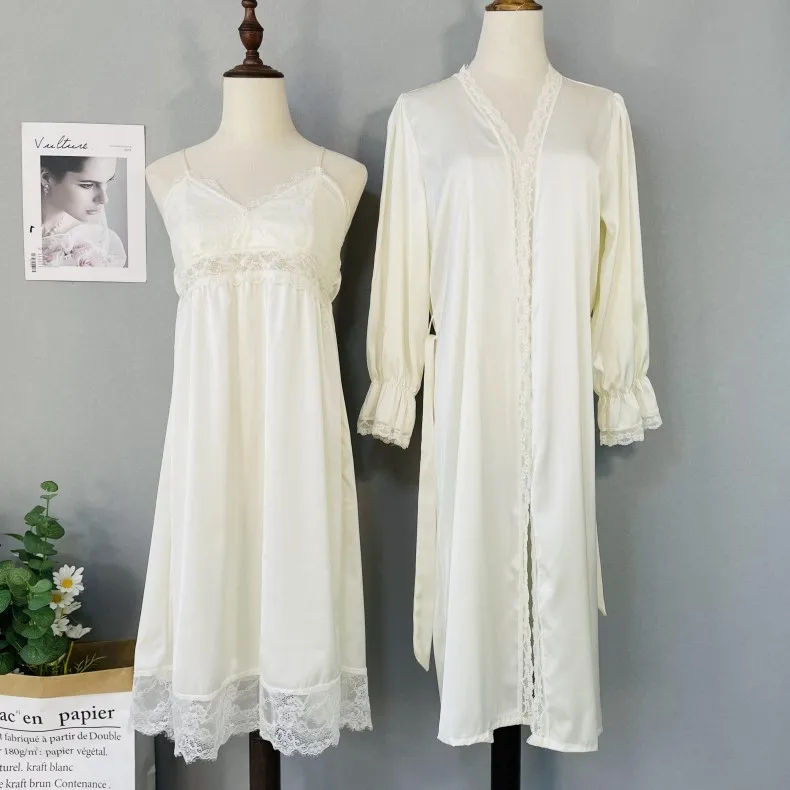 

Костюм-двойка женский кружевной атласный, пикантная одежда для сна, кимоно, халат, ночная рубашка, домашняя сорочка