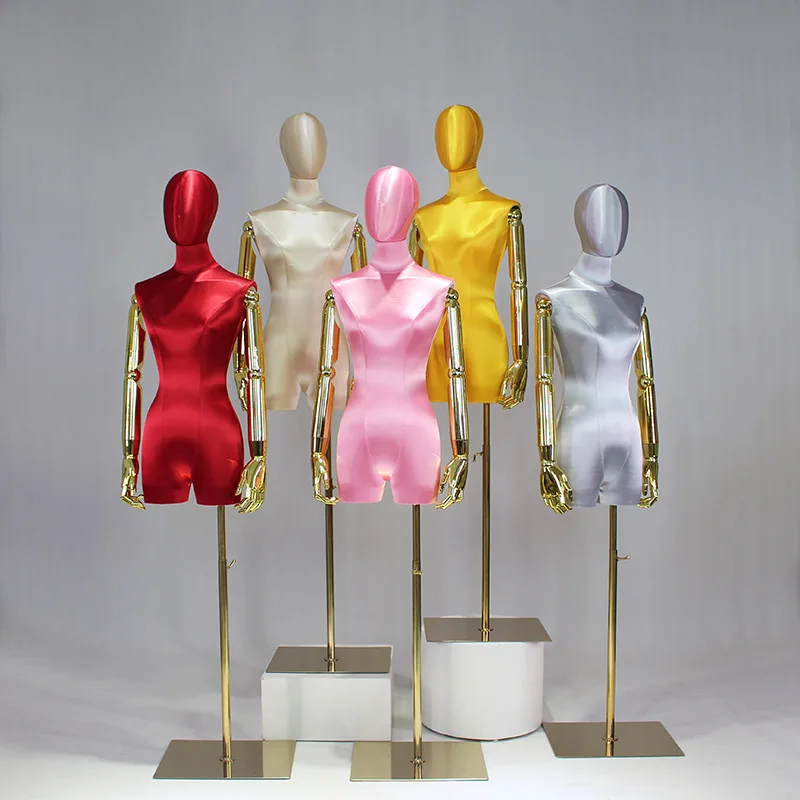 Fabric Cover Female Half Body Mannequin Torso Metal Base with Plated Arm for Clothing Display Adjustable Rack