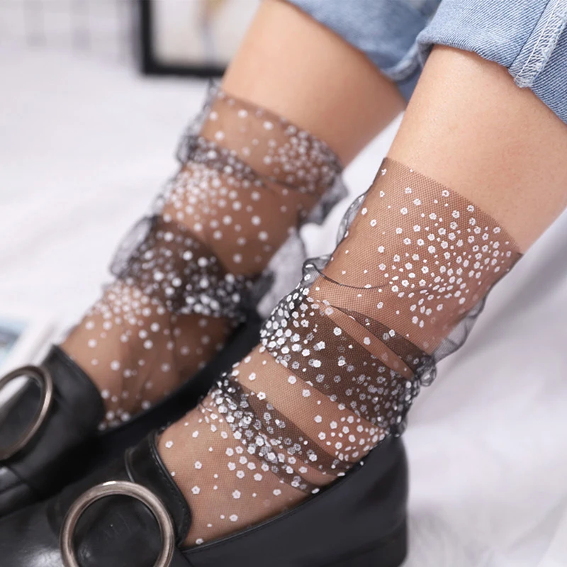 

Women Dots Lace Mesh Fishnet Socks Mixed Fiber Transparent Stretch Elasticity Middle Tube Socks Summer Female Thin Cool Socks