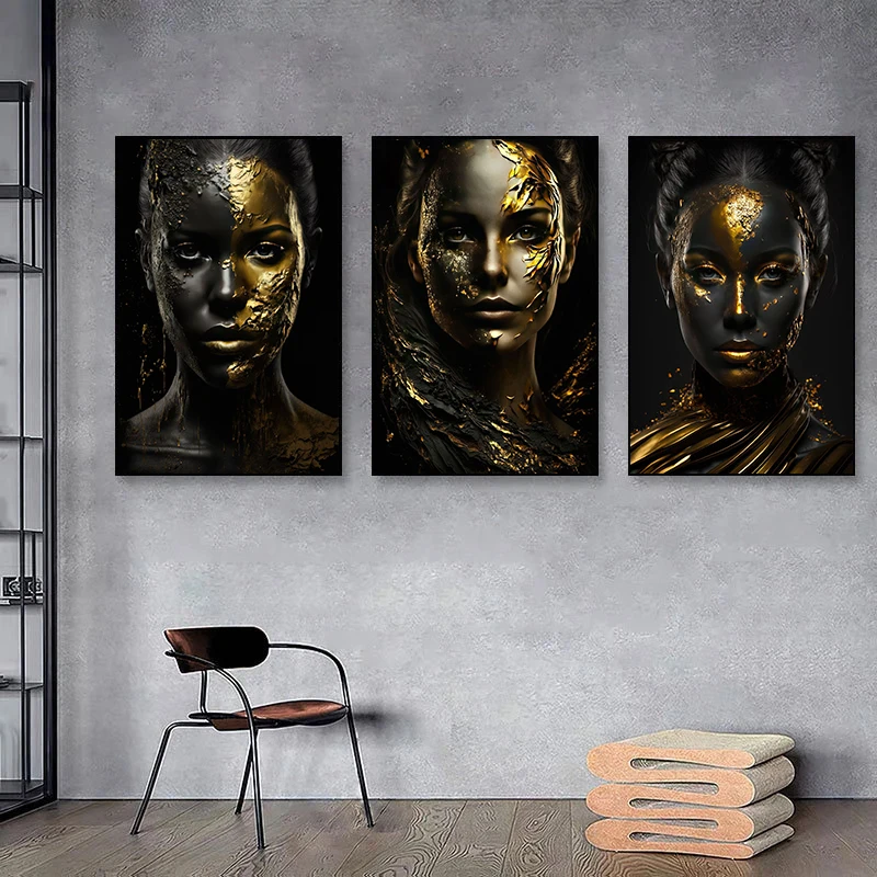 

Black Gold African Woman Portrait Poster Canvas Painting Abstract Wall Art Picture For Modern Living Room Home Decoration