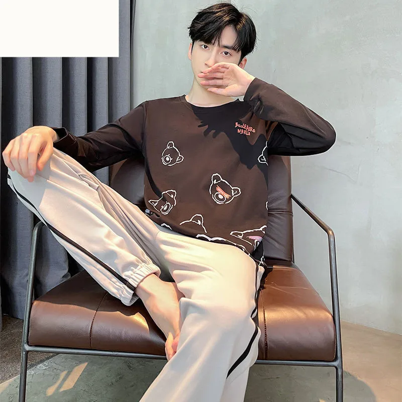 L-5XL Pajamas Men's Spring Autumn Cotton Casual Long Sleeve Pants Pijamas Two Piece Korean Loose Sleepwear Home Clothing Suit