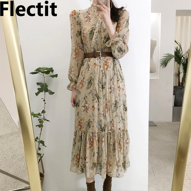 Flectit-vestido Floral Vintage para mujer, con cinturón, manga larga, cuello en V, gasa aireada, femenino, otoño y primavera, 2020 *