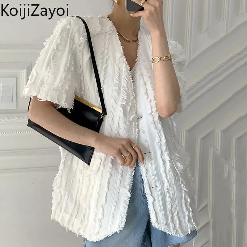 

Koijizayoi Chic Korean Coat Solid Fashion Office Lady Summer Short Sleeves Jacket Single Breasted OL Loose Ropa Mujer Tops 2022