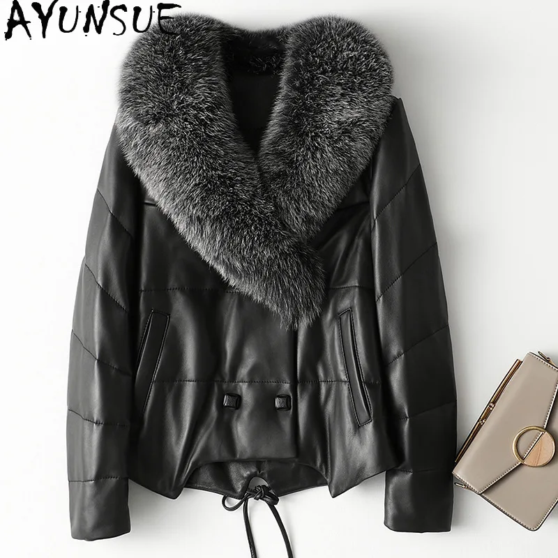 

100% Fox Fur Collar 2021 New Genuine Leather Jacket Women Top Layer Sheepskin Down Jacket Jacket for Women Elegant Chaqueta FCY