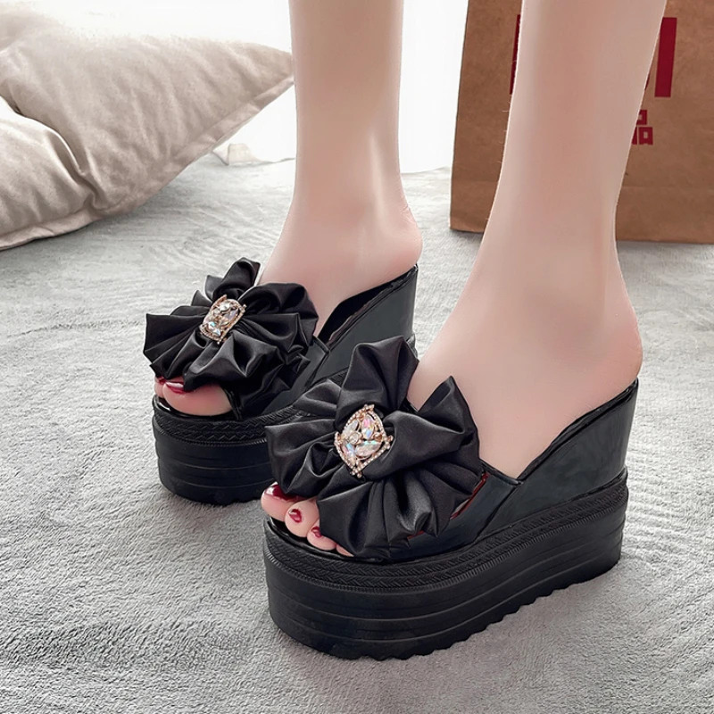 

12cm Super High Heels Women Slippers Metain Chain Height Increasing Slides Women Wedding Shoes New Platform Wedding Shoe