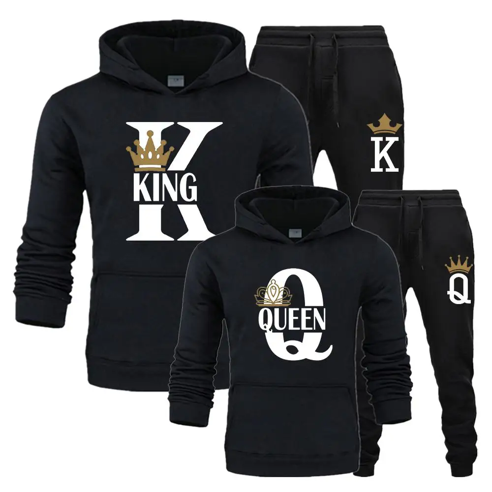 

Fashion Lover Couple Sportwear Set King Queen Printed Hooded Clothes 2Pcs Set Hoodie and Pants Plus Size Hoodies Womens