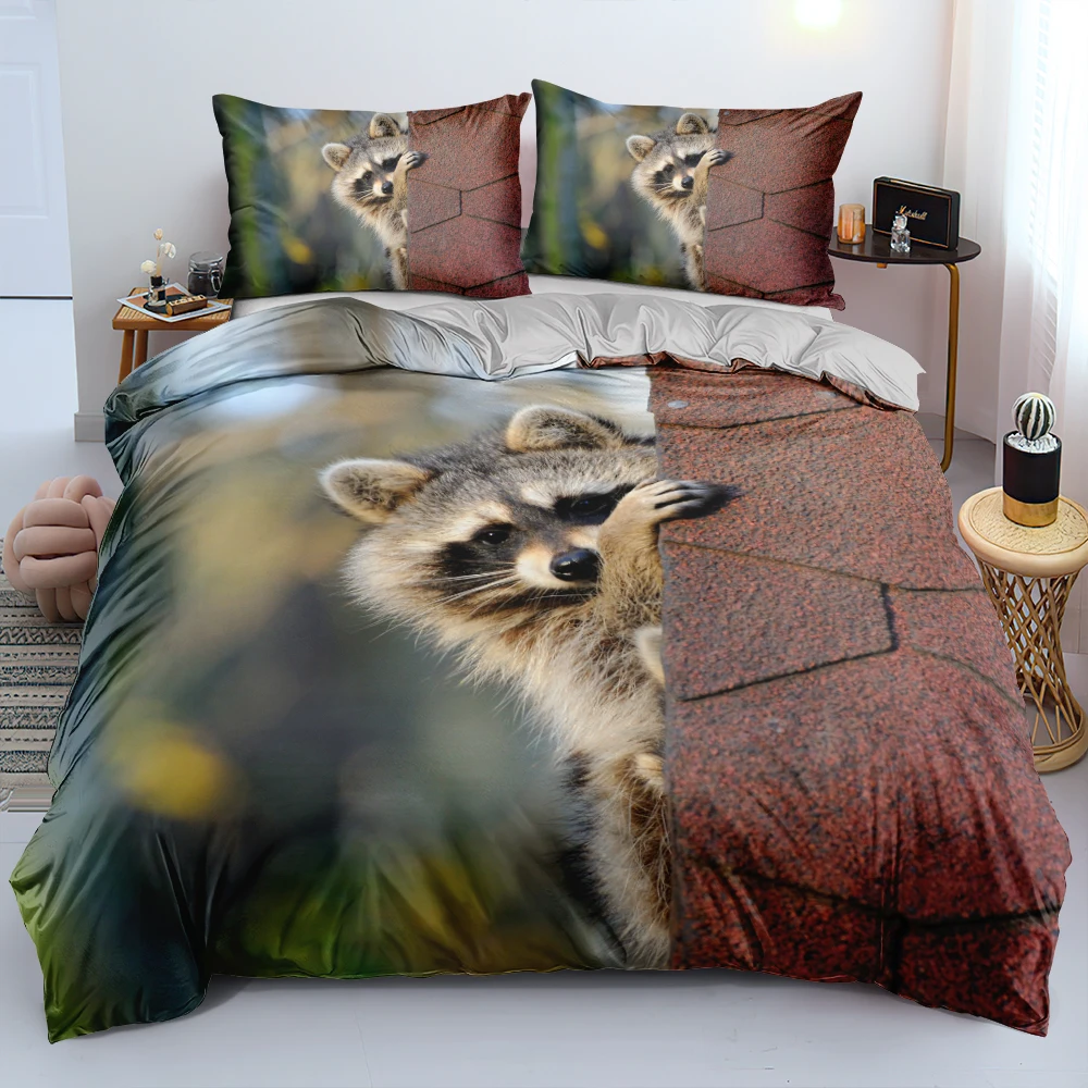 

100% Breathable Fibre Raccoon Duvet Cover Set Cute Animal Pattern Branch Quilt Cover Pillowcases Single Double Queen King Sizes