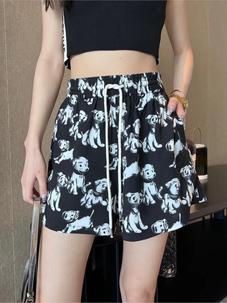 

Sweet and cool black puppy print shorts age-reducing casual slimming all-match straight-leg pants summer cute casual high waist