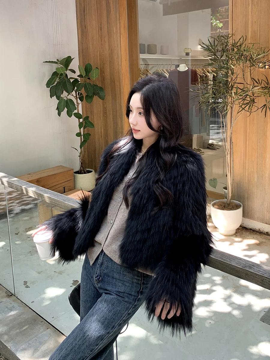 Imported Raccoon Spokes Fur Outerwear Women Short 2024 Winter New Coat Young Sle Slimming Black |