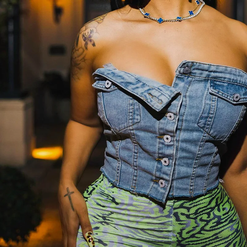 

Solid Denim Pocket Design Button Vest Women Casual Bare Midriff Wrapped Chest Sleeveless Crop Tops Ladies Streetwear Tanks