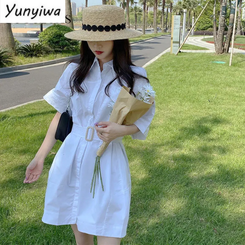 

Женское Короткое платье-рубашка с поясом, повседневное однотонное однобортное свободное платье-рубашка на пуговицах с короткими рукавами в Корейском стиле на лето
