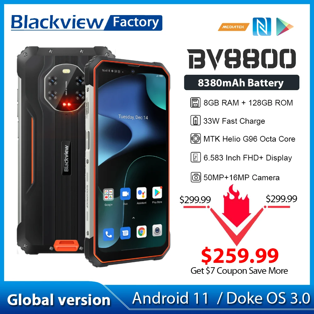 Смартфон BLACKVIEW BV8800 2022 года 8 ГБ + 128 Helio G96 камера 50 МП мобильный телефон 8380 мАч 33 Вт