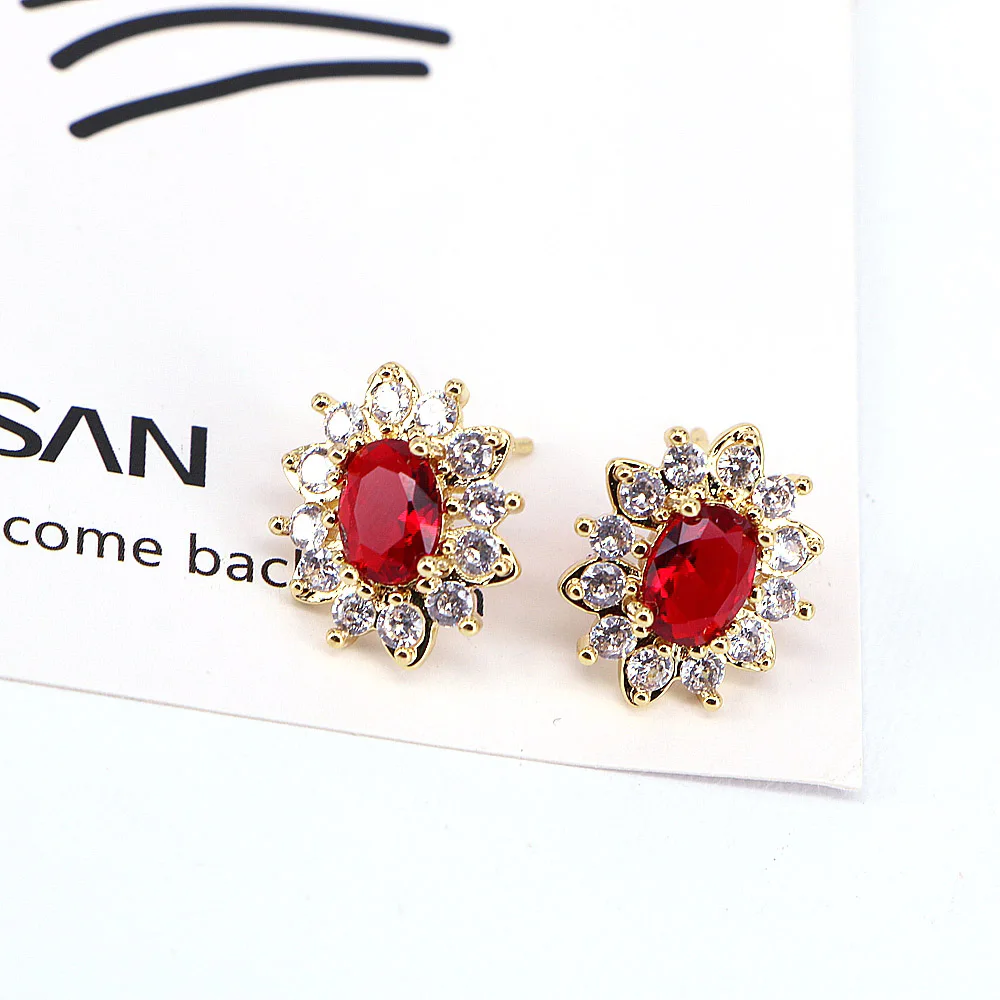 

5 Pairs, Gold Color Simple Red Zircon Stud Earrings Women's Elegant Wedding Jewelry Gift
