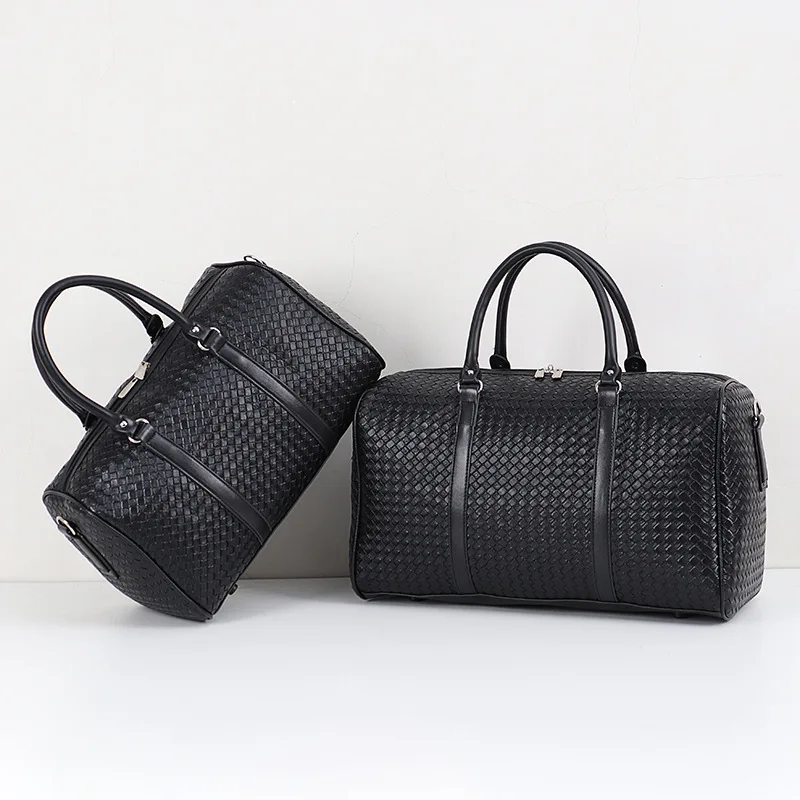 New Woven Travel Bag Large Capacity PU Leather Handbags Black Men's and Women's Crossbody Duffel Bags Short Trip Luggage Tote