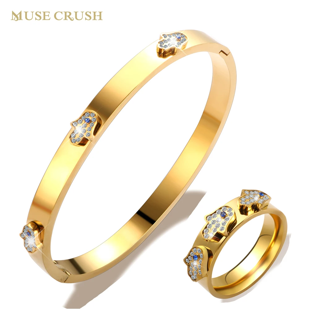 

Muse Crush Luxury CZ Crystal Jewelry Set Hamsa Hand Cubic Zircon Bracelet Bangle Trendy Ring for Women Wedding Exquisite Jewelry