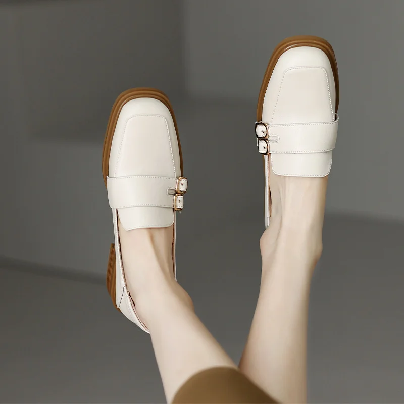 

Loafers Shoes Square Toe Low Heel Casual Women's Shoes Buckle Strap Spring Autumn Shallow Leather Flat Shoes Women Flats