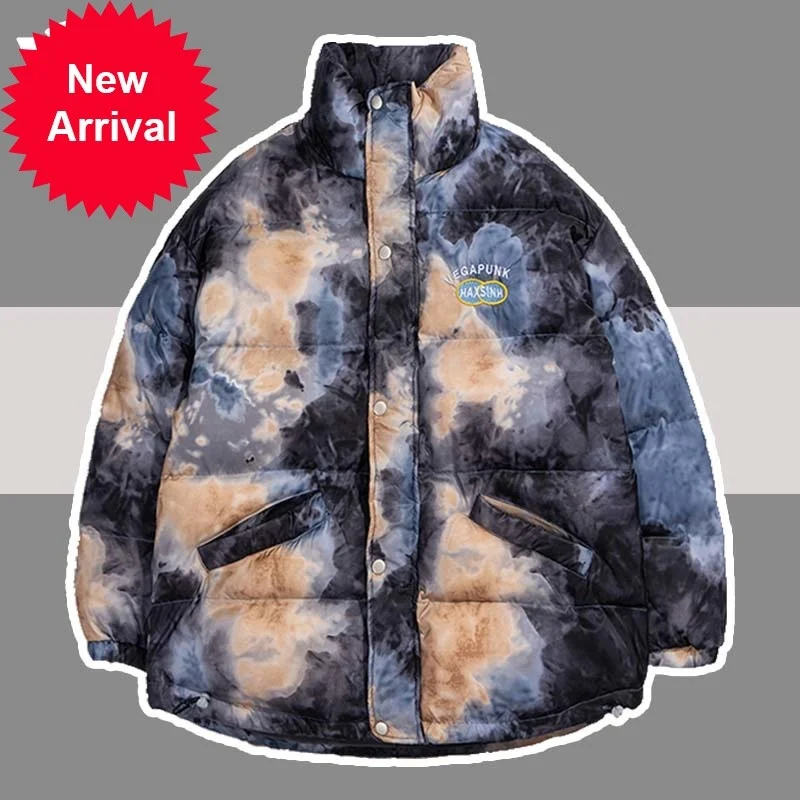 Tie-dyed Hip Winter Hop Parkas Men Streetwear Thicken Down Cotton Jackets Women Casual Oversized Japanese College Coat Outwear