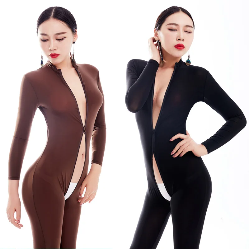 

Women Sexy Slim Fit Stretchy Translucent Bodysuit High Elastic Zipper Open Crotch Catsuit Jumpsuits Club Wear Fetish Costume