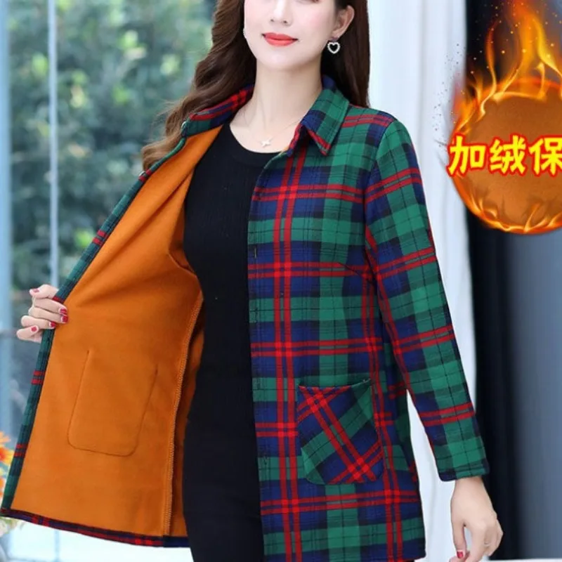 Женская осенне-зимняя Модная элегантная рубашка-поло с воротником в клетку на