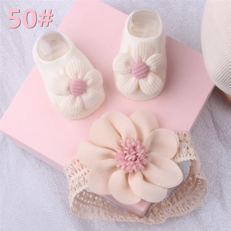 

Lace Bows Headband & Floor Socks for Infant Newborns Flower Bow Headdress Baby Floor Socks Elastic Fashion Infant Socks
