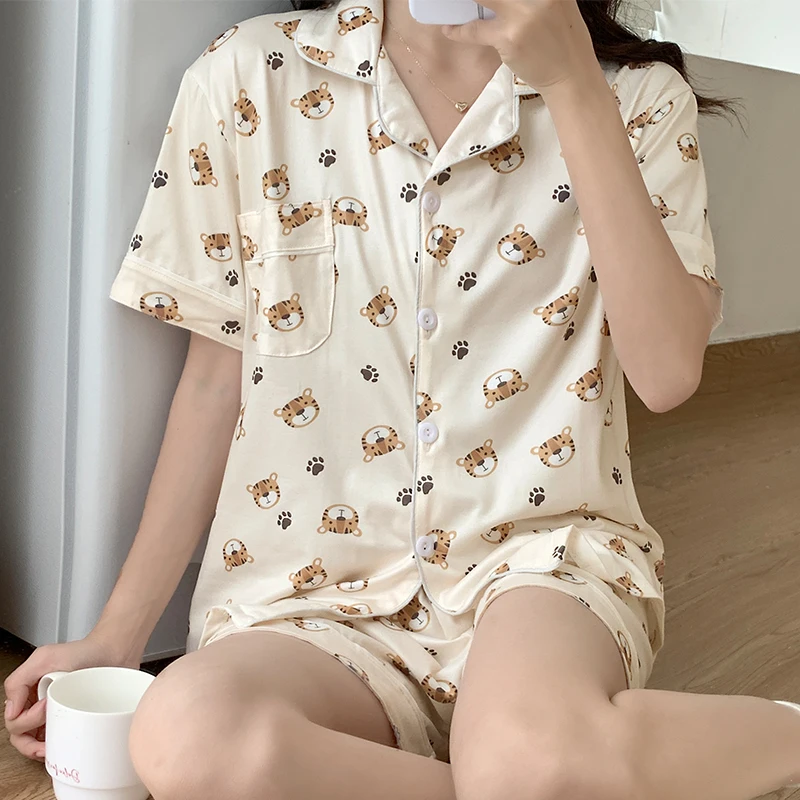 CAIYIER Korean Lovely Bear Pajamas Set Summer Women Kawaii Nightwear Leisure Female Turn-down Collar Short Sleeve Sleepwear Suit