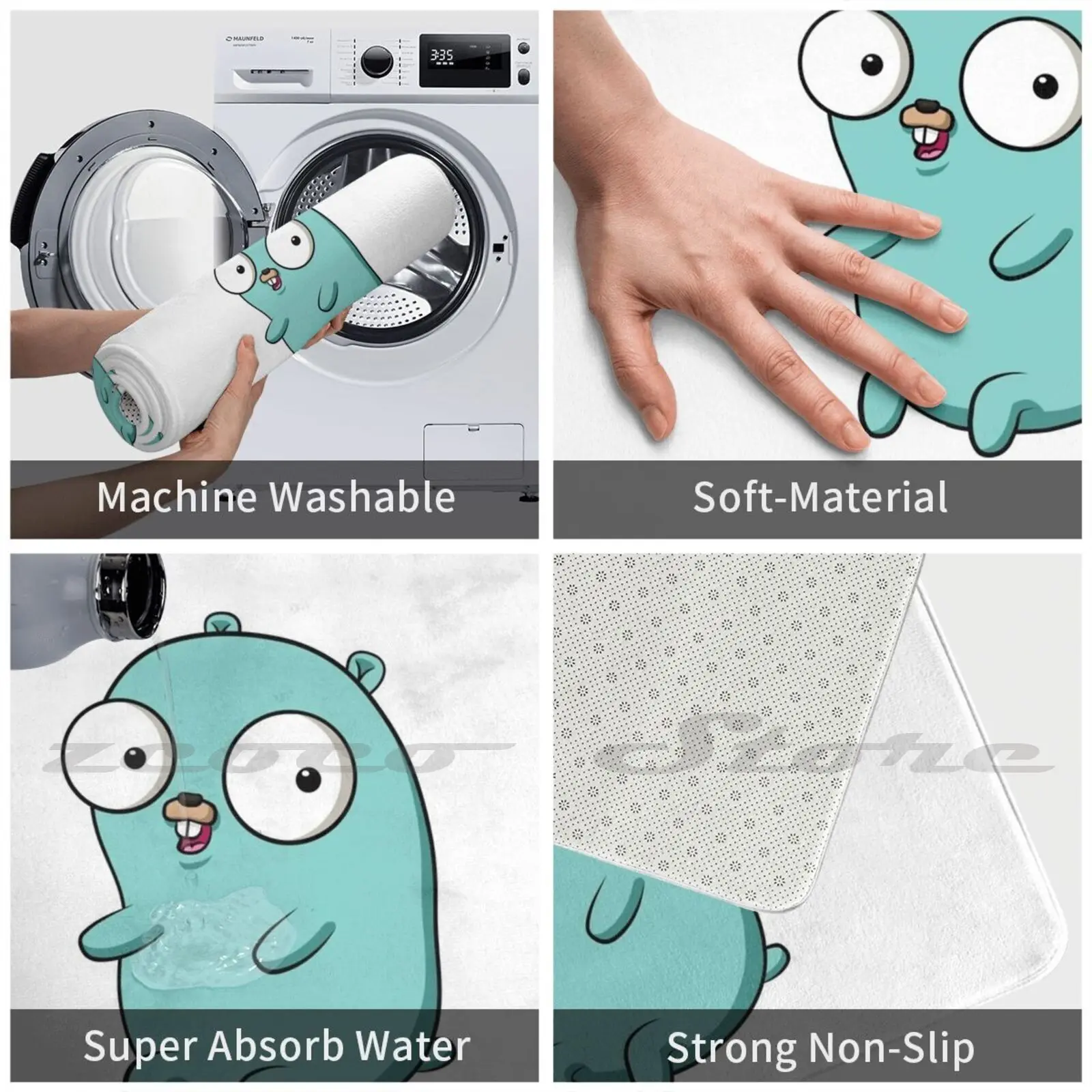 The Go Gopher: минималистичный зеленый сидящий коврик Gopher (белый) нескользящий