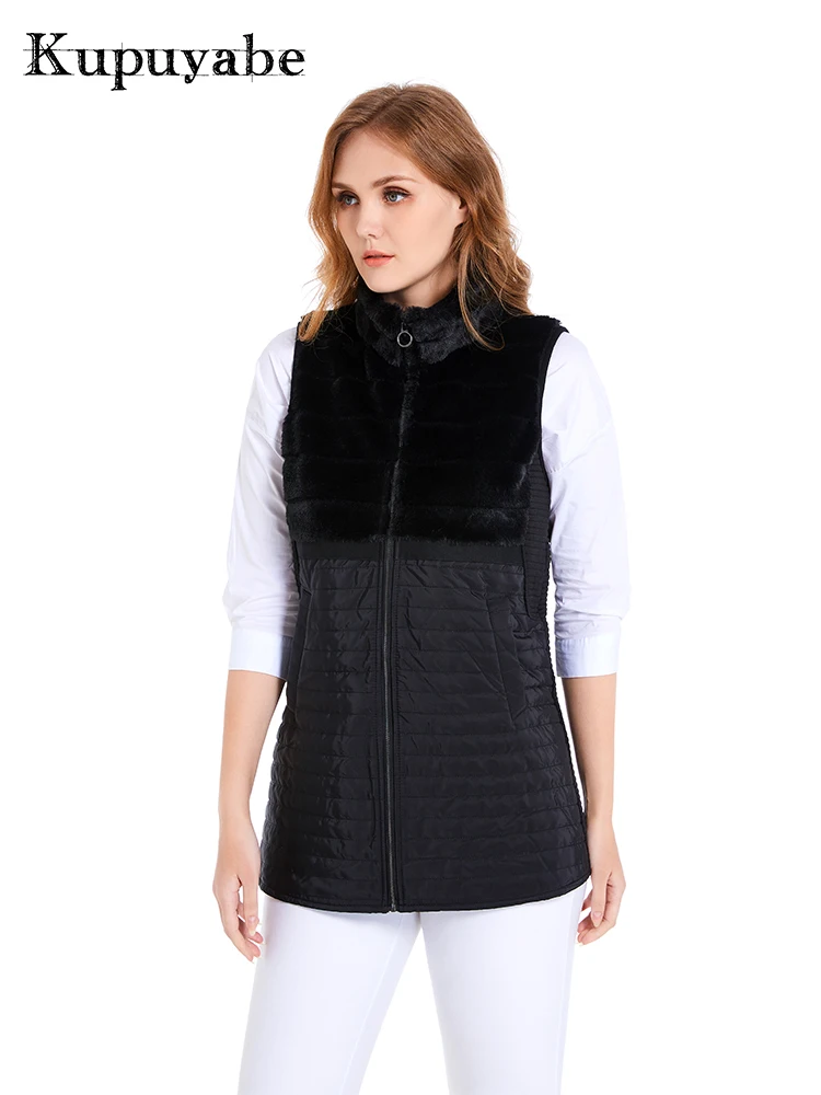 KUPUYABE Women's Winter Vest Coral Plush Collar Wool Pocket Cotton Filled Cotton Vest Warm Windproof Vest