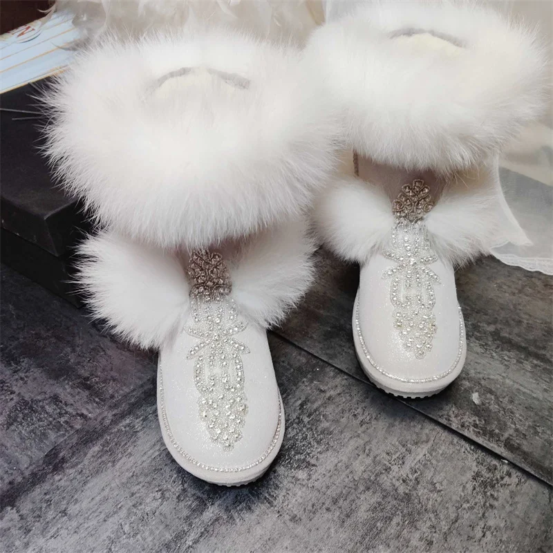 

Hand-applied diamond-edged mid-boots Rex rabbit fur design fairy girl models all-match snow boots women's models 35-44