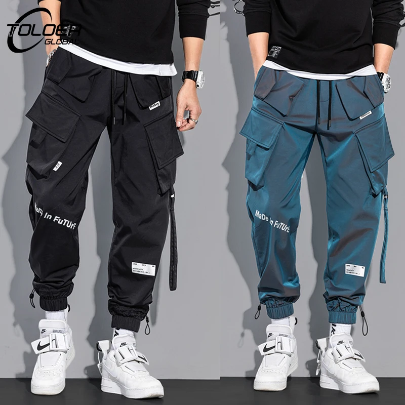 Men's Cargo Pants Fashion Hip Hop Multi-pocket Trousers Trendy Streetwear Solid Sweatpants Laser Reflective Overalls Male Pants