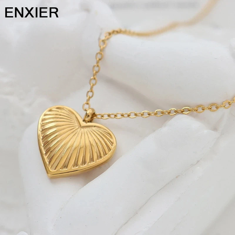 

ENXIER Classic Luxury Heart Pendent Necklace For Women 316L Stainless Steel O Chain Choker Fashion Party Jewelry Gift